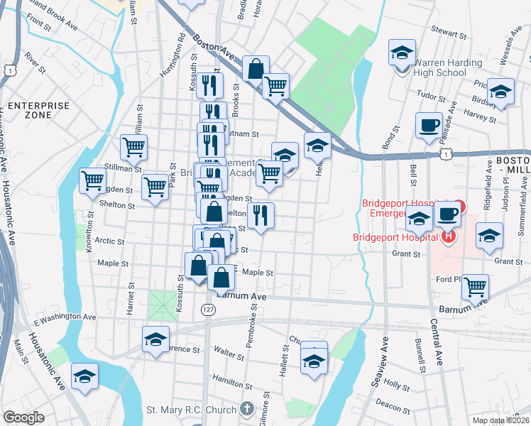 map of restaurants, bars, coffee shops, grocery stores, and more near 617 Ogden Street in Bridgeport