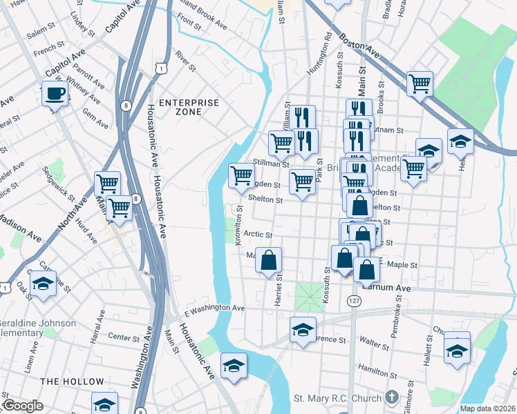 map of restaurants, bars, coffee shops, grocery stores, and more near 143 Shelton Street in Bridgeport