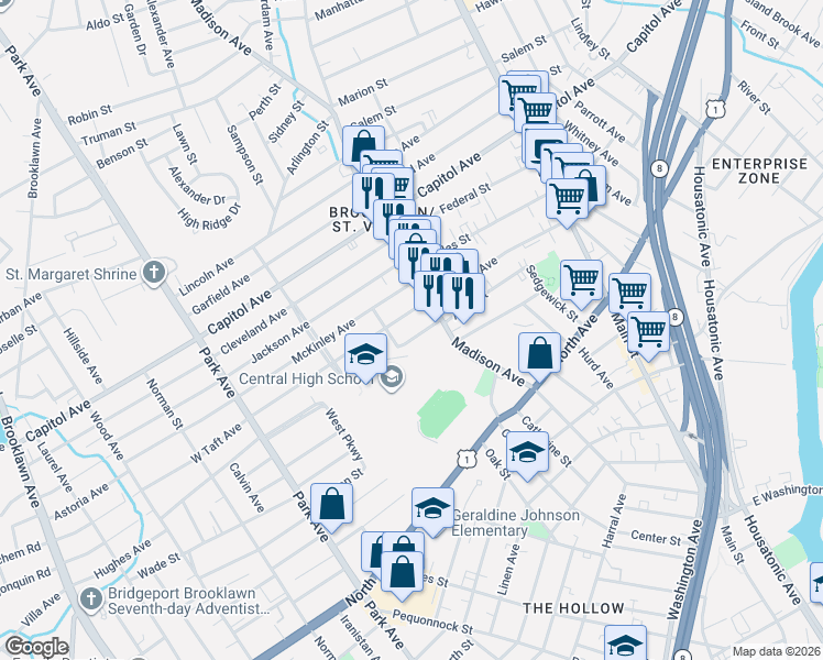map of restaurants, bars, coffee shops, grocery stores, and more near 28 Taft Avenue in Bridgeport