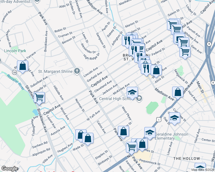 map of restaurants, bars, coffee shops, grocery stores, and more near 1175 Capitol Avenue in Bridgeport
