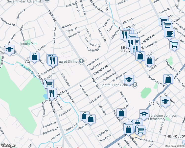 map of restaurants, bars, coffee shops, grocery stores, and more near 2436 Park Avenue in Bridgeport