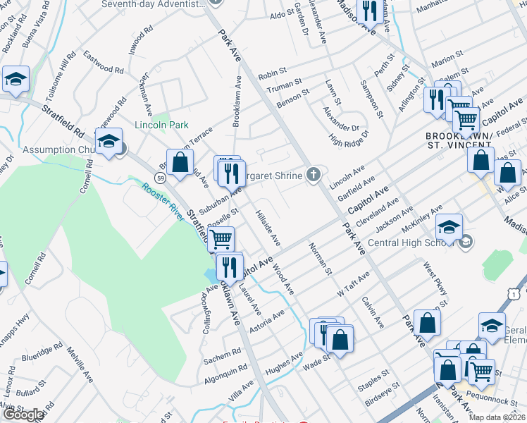 map of restaurants, bars, coffee shops, grocery stores, and more near 29 Bick Terrace in Bridgeport