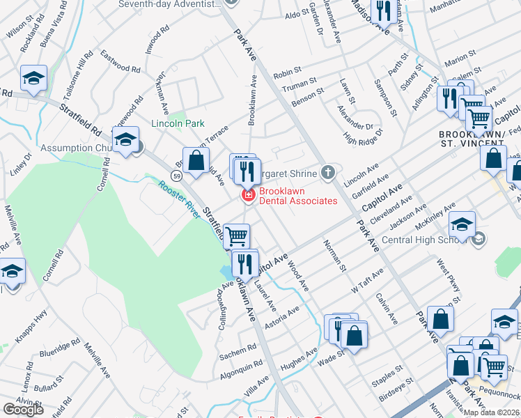 map of restaurants, bars, coffee shops, grocery stores, and more near 1552 Wood Avenue in Bridgeport