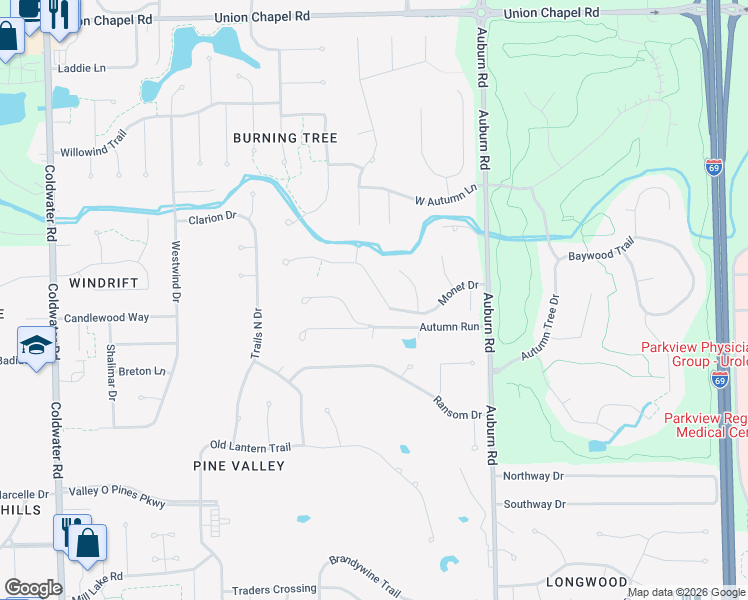 map of restaurants, bars, coffee shops, grocery stores, and more near 1818 Monet Drive in Fort Wayne