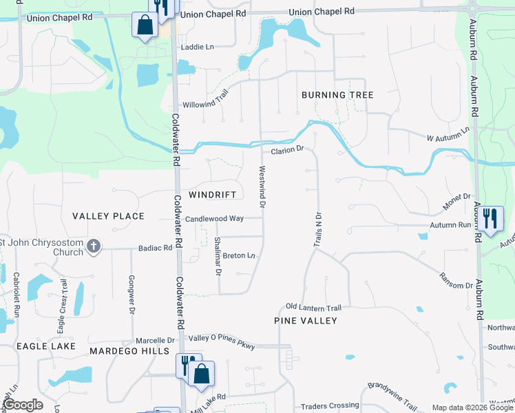 map of restaurants, bars, coffee shops, grocery stores, and more near 11718 Grand River Drive in Fort Wayne