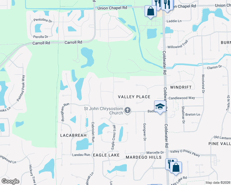 map of restaurants, bars, coffee shops, grocery stores, and more near 11595 Talis Park Way in Fort Wayne