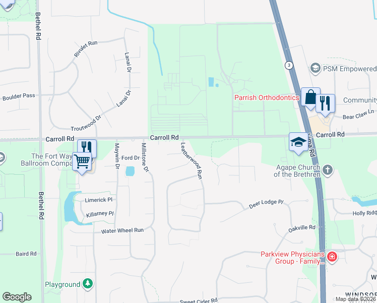 map of restaurants, bars, coffee shops, grocery stores, and more near 2523-2611 Carroll Road in Fort Wayne