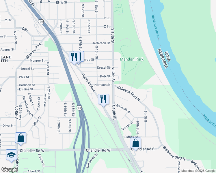 map of restaurants, bars, coffee shops, grocery stores, and more near 6814 South 13th Street in Omaha