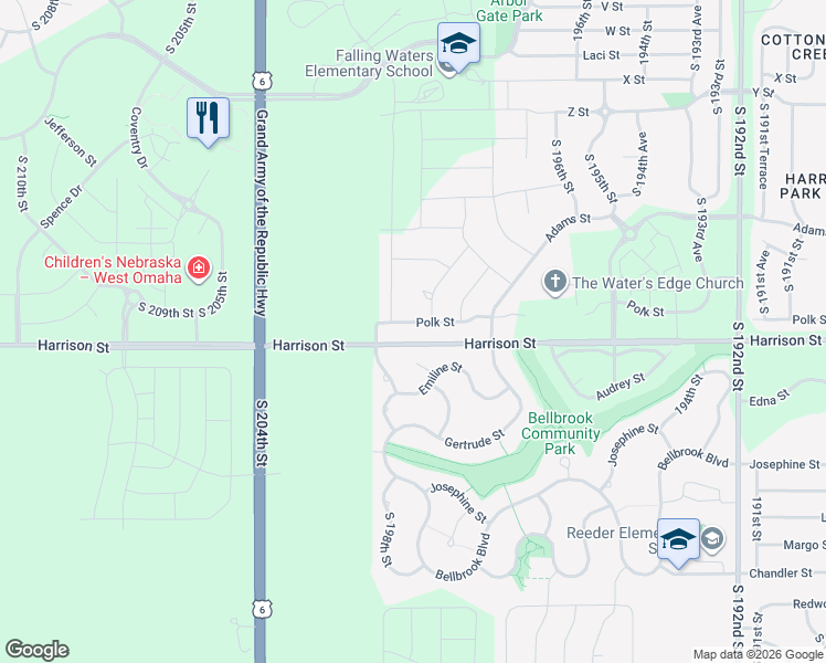 map of restaurants, bars, coffee shops, grocery stores, and more near 19951 Drexel Circle in Omaha