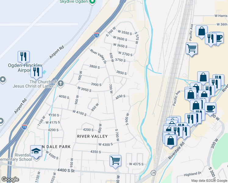 map of restaurants, bars, coffee shops, grocery stores, and more near 3987 Westwind Court in Ogden