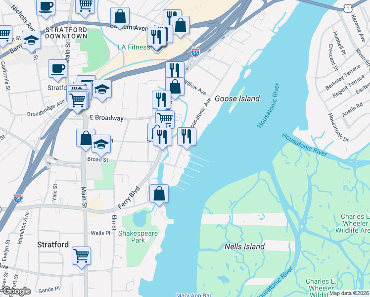map of restaurants, bars, coffee shops, grocery stores, and more near 121 Housatonic Avenue in Stratford