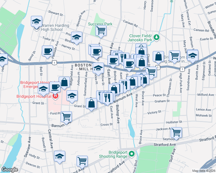 map of restaurants, bars, coffee shops, grocery stores, and more near 400 East Avenue in Bridgeport