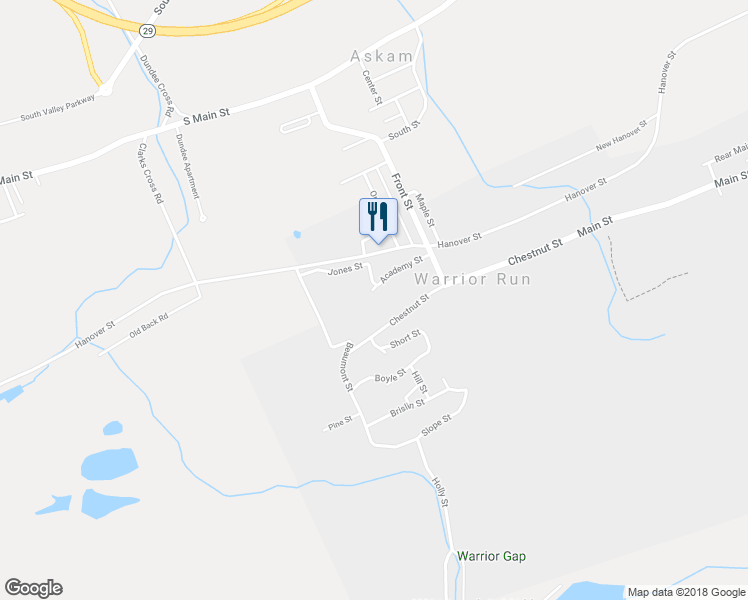 map of restaurants, bars, coffee shops, grocery stores, and more near 338 Academy Street in Warrior Run