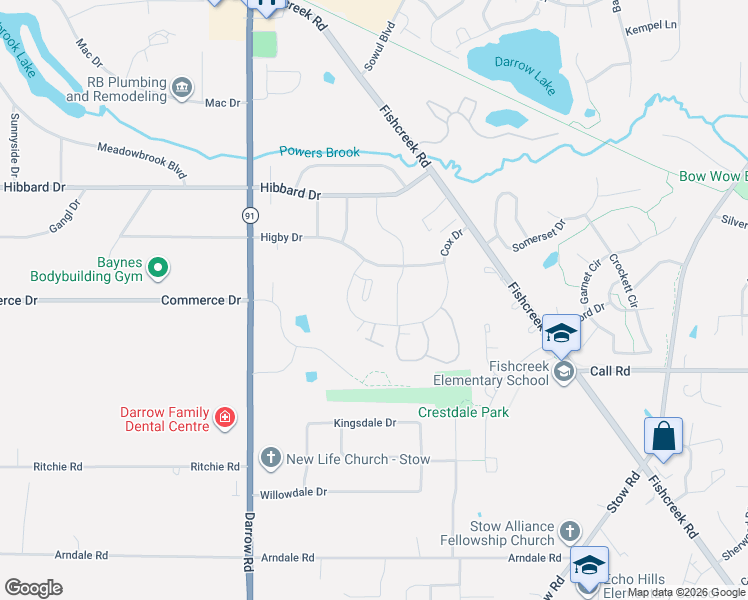 map of restaurants, bars, coffee shops, grocery stores, and more near 4601 Cox Drive in Stow
