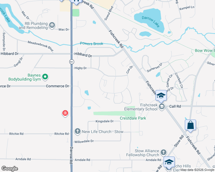 map of restaurants, bars, coffee shops, grocery stores, and more near 1940 Higby Drive in Stow