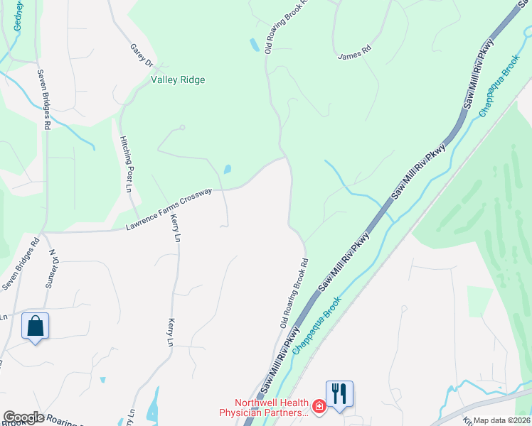 map of restaurants, bars, coffee shops, grocery stores, and more near 122 Old Roaring Brook Road in Mount Kisco