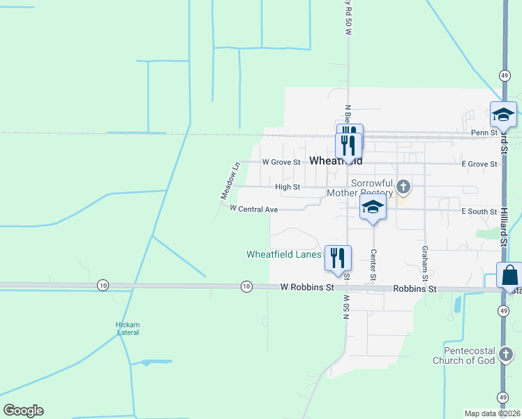 map of restaurants, bars, coffee shops, grocery stores, and more near 337 High Street in Wheatfield
