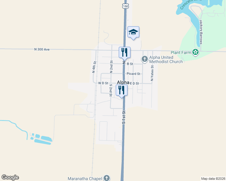 map of restaurants, bars, coffee shops, grocery stores, and more near 120 West D Street in Alpha