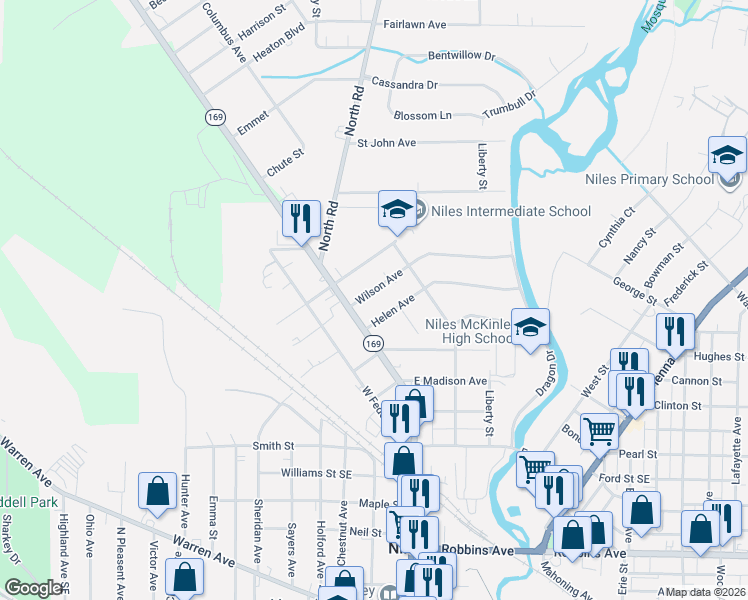 map of restaurants, bars, coffee shops, grocery stores, and more near 58 Wilson Avenue in Niles