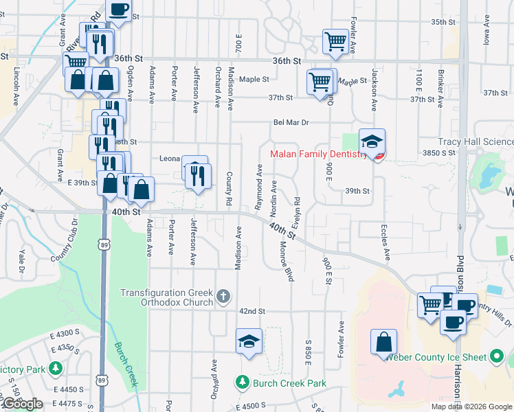 map of restaurants, bars, coffee shops, grocery stores, and more near 3940 Raymond Avenue in Ogden