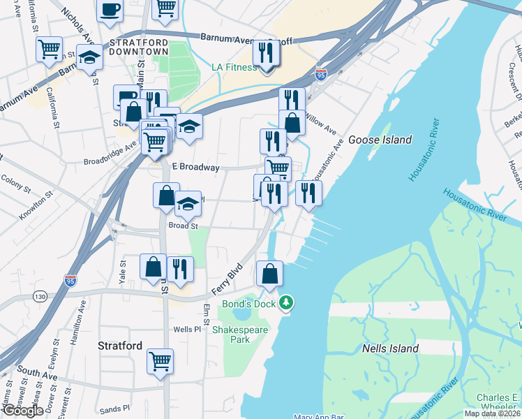map of restaurants, bars, coffee shops, grocery stores, and more near 117 White Street in Stratford