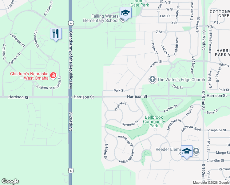 map of restaurants, bars, coffee shops, grocery stores, and more near 19951 Drexel Circle in Omaha