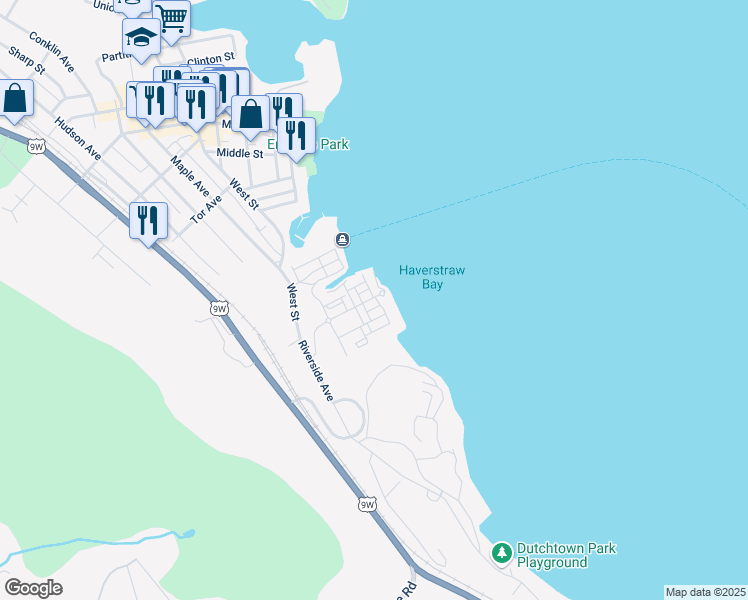 map of restaurants, bars, coffee shops, grocery stores, and more near 1100 Riverfront Lane in Haverstraw