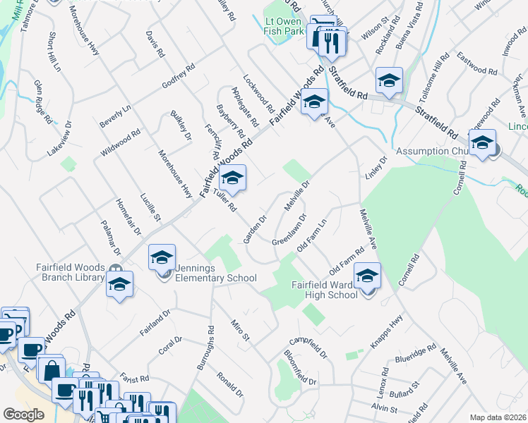 map of restaurants, bars, coffee shops, grocery stores, and more near 26 Garden Drive in Fairfield