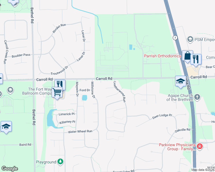 map of restaurants, bars, coffee shops, grocery stores, and more near 2629 Carroll Road in Fort Wayne