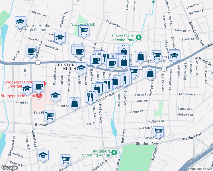 map of restaurants, bars, coffee shops, grocery stores, and more near 132 Kent Avenue in Bridgeport