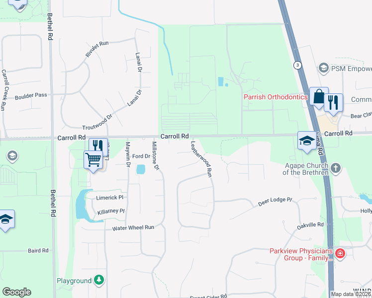 map of restaurants, bars, coffee shops, grocery stores, and more near 2629 Carroll Road in Fort Wayne