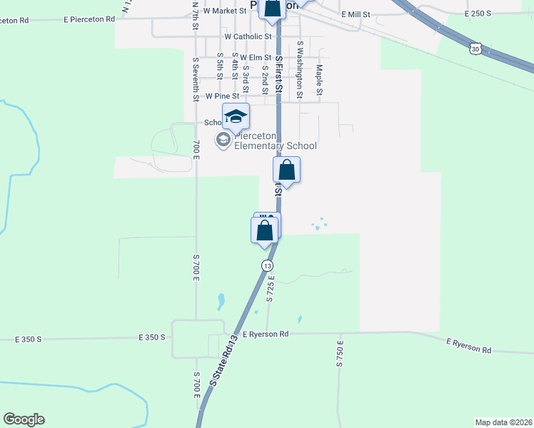 map of restaurants, bars, coffee shops, grocery stores, and more near 710 S 1st St in Pierceton