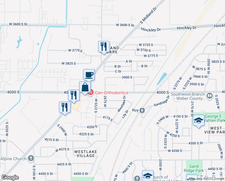 map of restaurants, bars, coffee shops, grocery stores, and more near 2648 West 4000 South in Roy
