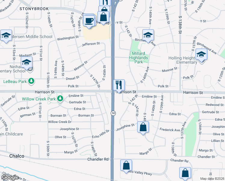map of restaurants, bars, coffee shops, grocery stores, and more near South 144th Street & Harrison Street in Omaha