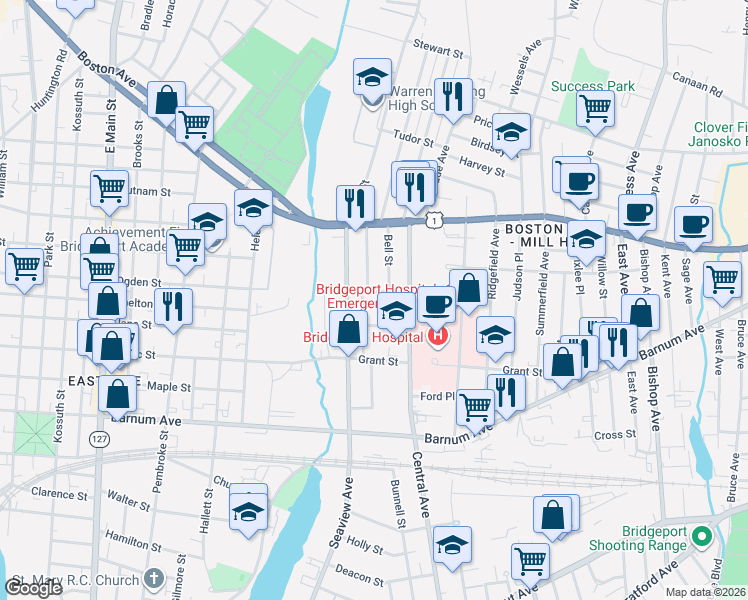 map of restaurants, bars, coffee shops, grocery stores, and more near 19 Bell Street in Bridgeport