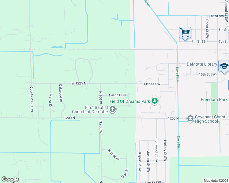 map of restaurants, bars, coffee shops, grocery stores, and more near 8931 County Road 900 in De Motte