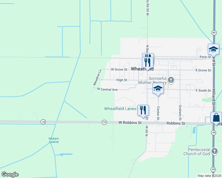 map of restaurants, bars, coffee shops, grocery stores, and more near 337 High Street in Wheatfield