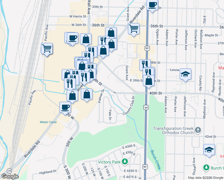 map of restaurants, bars, coffee shops, grocery stores, and more near 196 40th Street in Ogden
