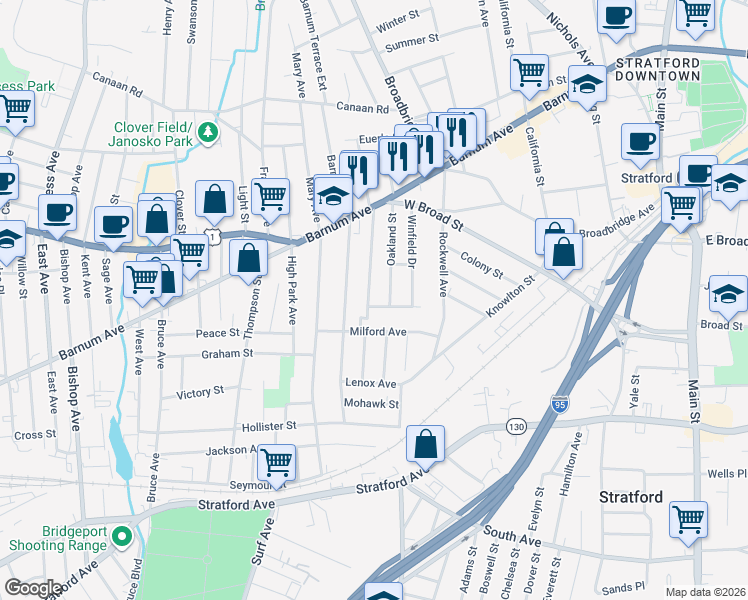 map of restaurants, bars, coffee shops, grocery stores, and more near 155 Edgewood Street in Stratford