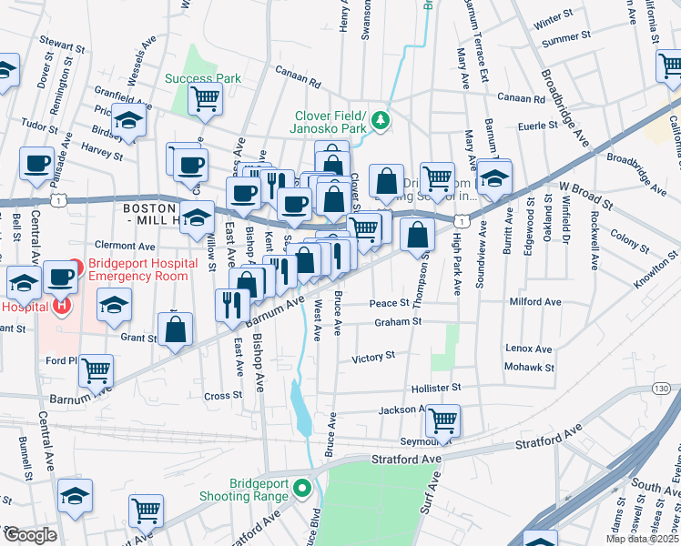 map of restaurants, bars, coffee shops, grocery stores, and more near 547 Bruce Avenue in Stratford