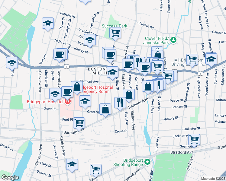 map of restaurants, bars, coffee shops, grocery stores, and more near 292 Clermont Avenue in Bridgeport