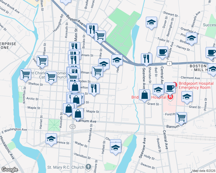 map of restaurants, bars, coffee shops, grocery stores, and more near 713 Ogden Street in Bridgeport