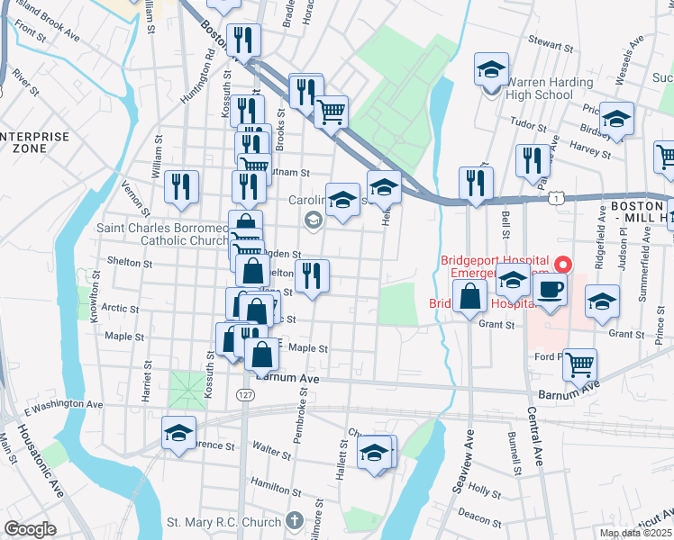 map of restaurants, bars, coffee shops, grocery stores, and more near 713 Ogden Street in Bridgeport