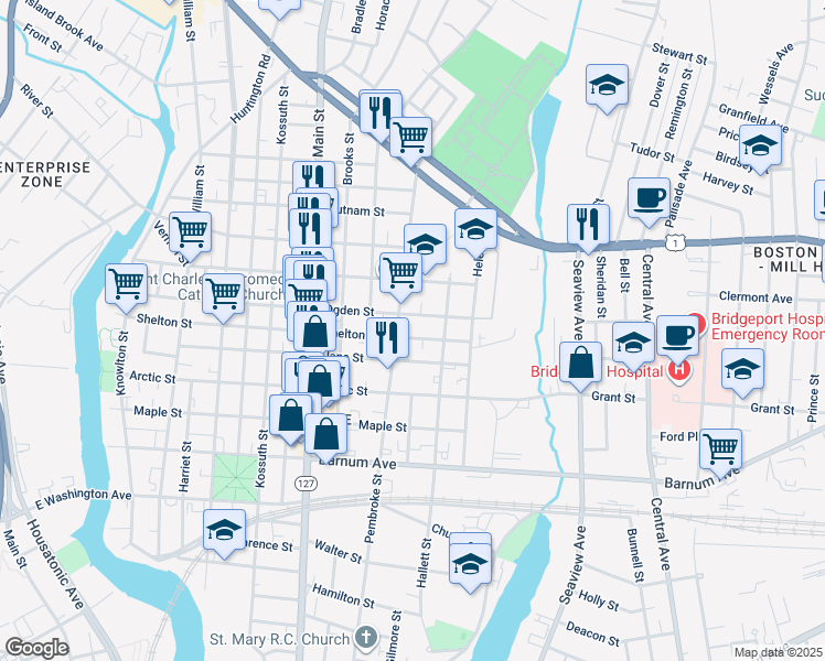 map of restaurants, bars, coffee shops, grocery stores, and more near 713 Ogden Street in Bridgeport