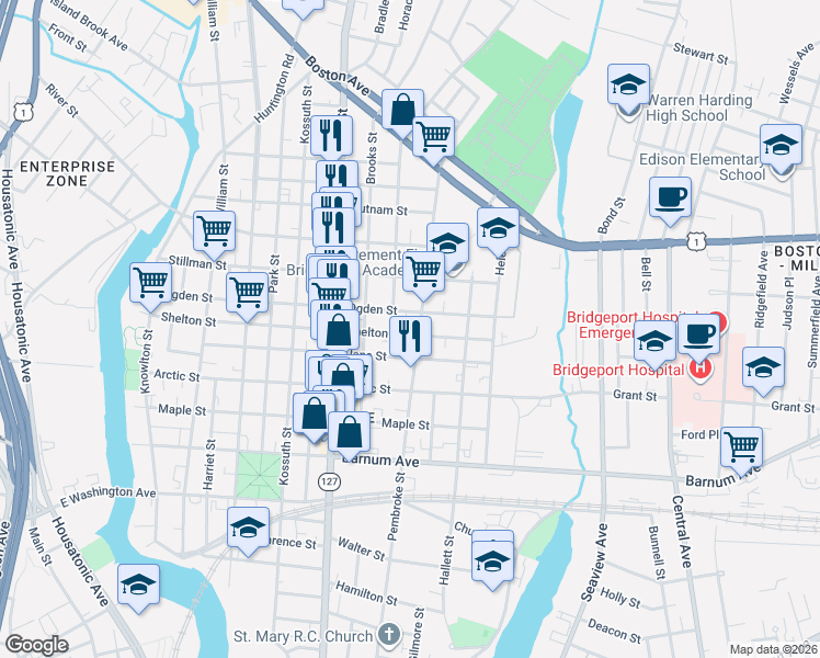 map of restaurants, bars, coffee shops, grocery stores, and more near 617 Ogden Street in Bridgeport