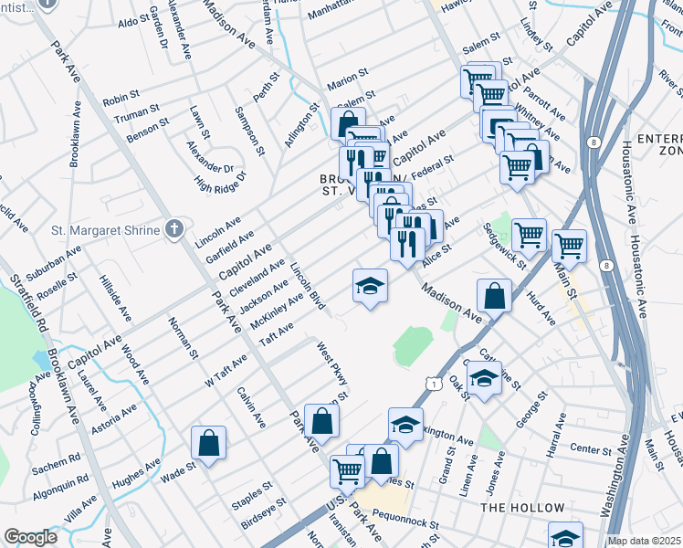 map of restaurants, bars, coffee shops, grocery stores, and more near 169 Jackson Avenue in Bridgeport