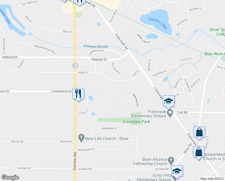 map of restaurants, bars, coffee shops, grocery stores, and more near 1940 Higby Drive in Stow