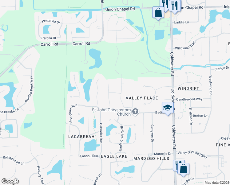 map of restaurants, bars, coffee shops, grocery stores, and more near Montalcino Run in Fort Wayne