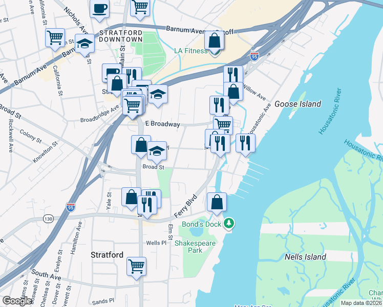 map of restaurants, bars, coffee shops, grocery stores, and more near 2252 Elm Street in Stratford