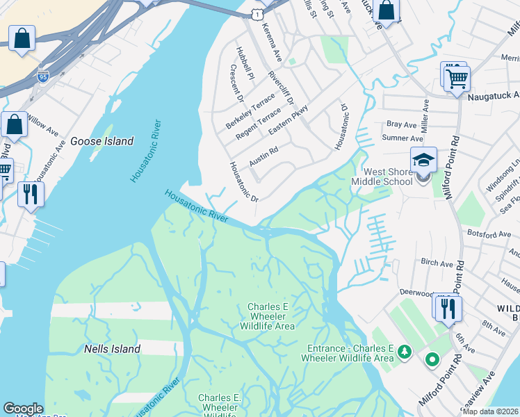 map of restaurants, bars, coffee shops, grocery stores, and more near 286 Housatonic Drive in Milford